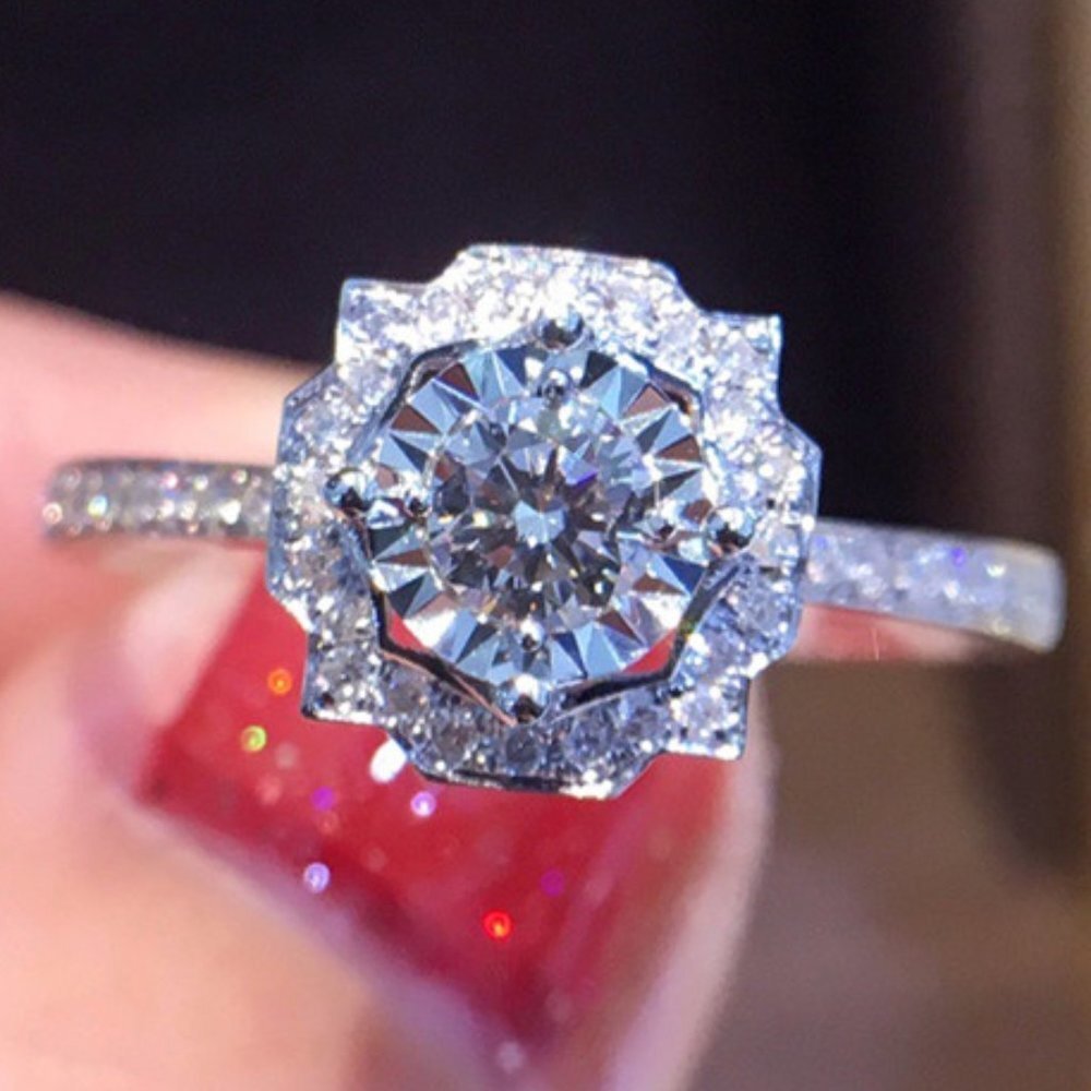 💥Beautiful Round Shiny CZ Diamond Flower Micro Pave Wedding Ring,UNVN12316